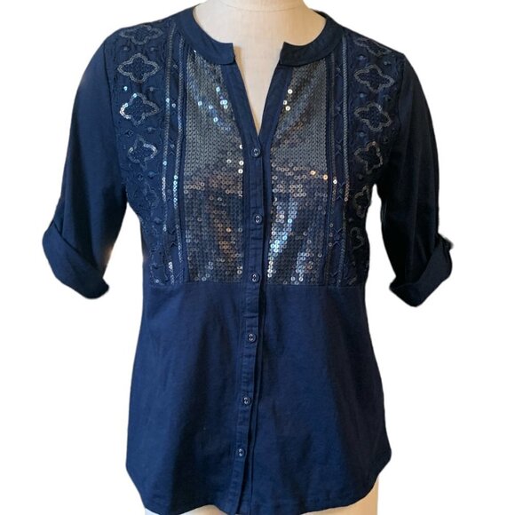 Style & Co Navy Blue Button Split Neck Sequin & Embroidery Top PM Blue #61P - Picture 1 of 8